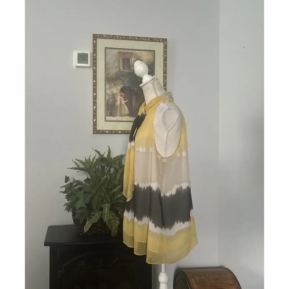 Style & Co. Yellow Cream and Gray Striped Tie-Neck Halter Blouse